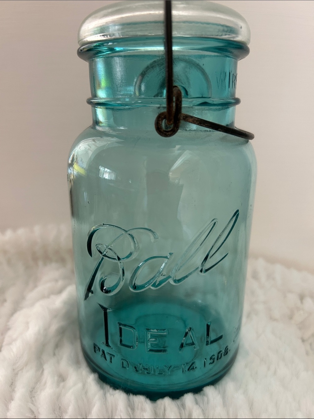 Ball Ideal Blue Glass with Wire Bail Pat July 1908 Quart